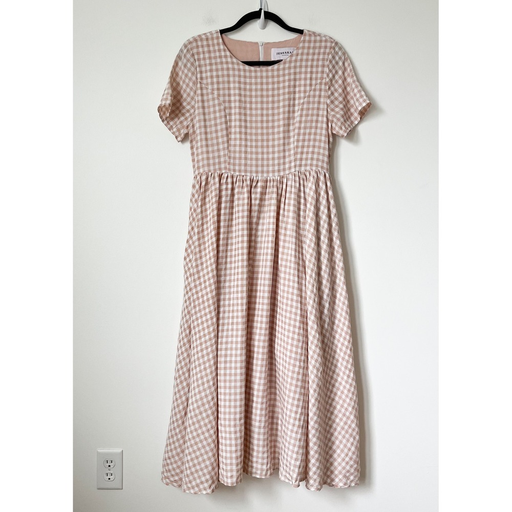 JessaKae Gingham Midi Dress Pockets Womens Medium Tan White Modest